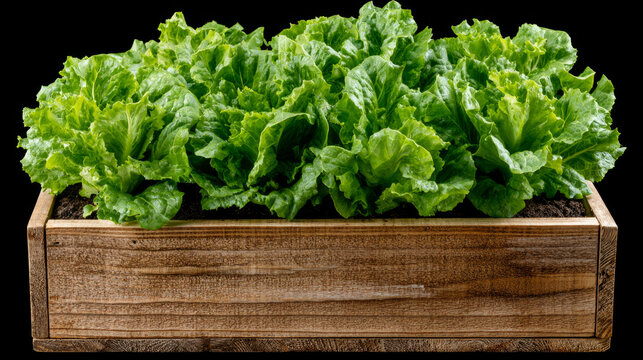 Vibrant green lettuce thriving in a rustic wooden planter filled with nutrient rich soil