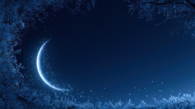 Crescent moon in winter night sky with frosty branches