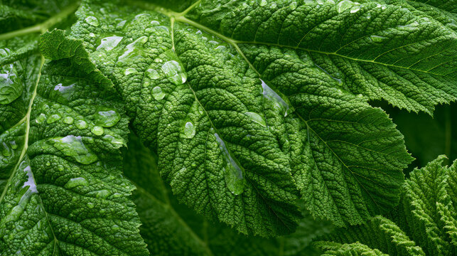 Detailed view of vibrant green leaves adorned with raindrops showcasing their rich texture and natural beauty