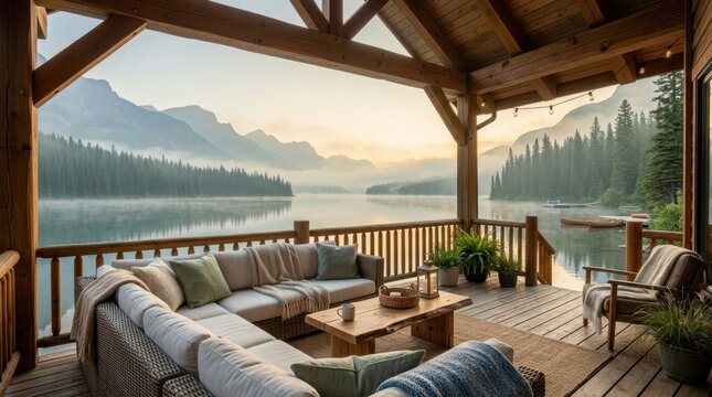 Cozy cabin deck with lake and mountain view at sunrise