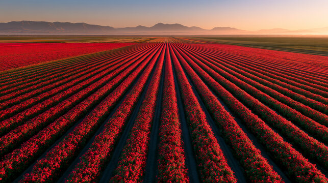 Stunning sunset over vibrant fields filled with red flowers and majestic mountains in the distance