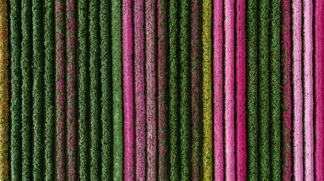 Stunning aerial perspective of blooming flower fields showcasing vibrant colors in the heart of spring