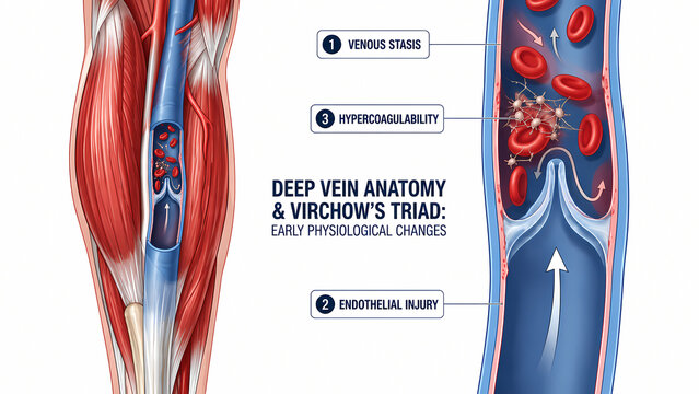 Deep Vein Anatomy and Virchow Triad Diagram Illustrating Venous Stasis Hypercoagulability and Endothelial Injury
