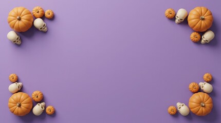 Fototapeta premium Autumn harvest of pumpkins and gourds arranged in corners on a lilac background