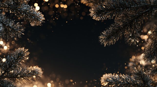 Festive Christmas background with fir branches and warm bokeh