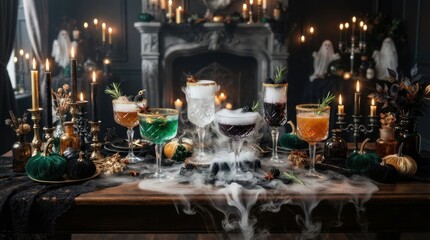 Obraz premium Spooky Halloween cocktails with dry ice and candles on a dark table setting