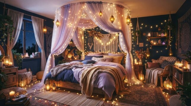 Cozy bohemian bedroom sanctuary with canopy bed and fairy lights