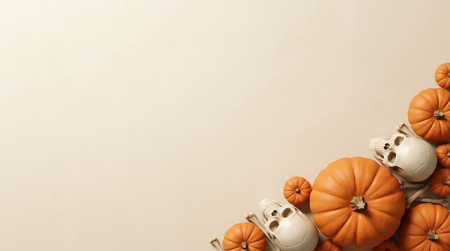 A festive halloween background featuring a collection of orange pumpkins and small ghost decorations arranged neatly in the corner of a plain surface