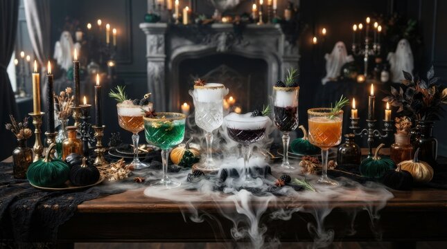 Spooky Halloween cocktails with dry ice and candles on a dark table setting