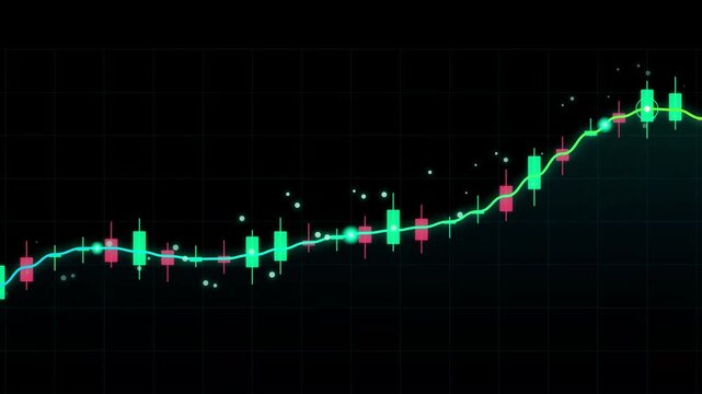 Green and red candlesticks trace upward on a dark grid. Tiny dots float like data points along the trend line. Glowing curve follows the price action's momentum. Ideal for financial, trading