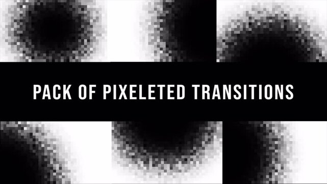 pack of pixelated transitions, mosaic pixel wipe effects, black and white glitch transitions bundle for video editing