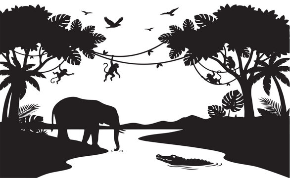 Black silhouette of jungle animals including elephant monkey and crocodile near a river in a tropical forest with trees and birds flying in the sky
