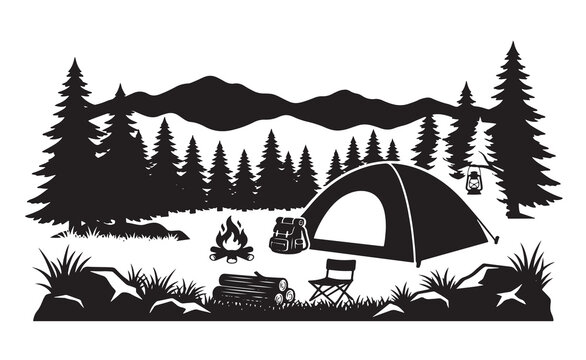 Black and white camping scene with a tent campfire trees and mountains in a forest landscape for outdoor adventure and travel design