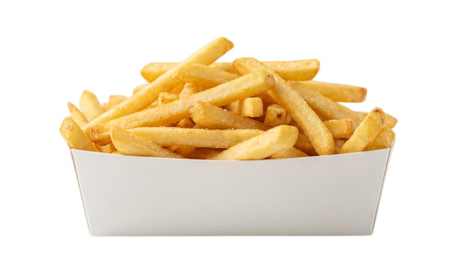 A portion of golden crispy french fries served in a simple white paper container, isolated on transparent background
