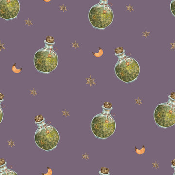 Watercolor magic potion seamless pattern with crescent moons and stars on purple background