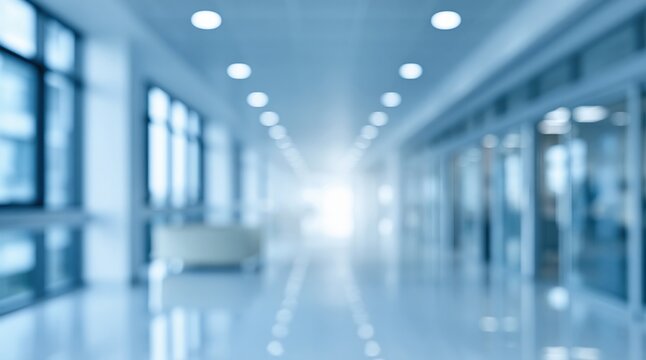Blurry modern office hallway with blue tones and