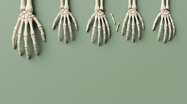 A top view of multiple plastic skeleton hands arranged in a neat row against a solid muted green background for halloween celebration design