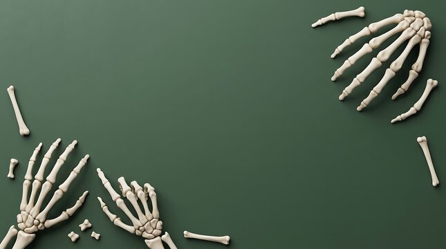 Top view of human skeleton hands and scattered bones arranged as a decorative frame on a dark green background for halloween holiday celebration