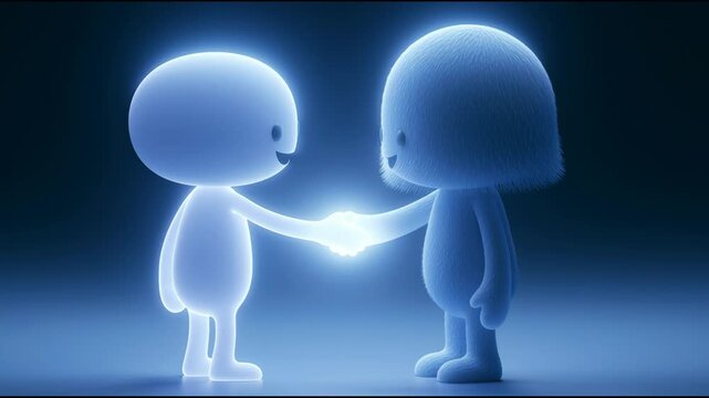 Two glowing characters reach out and shake hands, creating a bright light between them. The atmosphere is dark and focused.