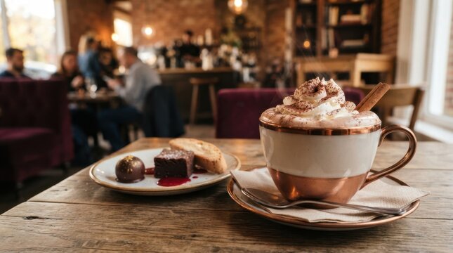 Cozy cafe scene with rich hot chocolate and decadent chocolate desserts