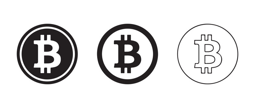 Bitcoin cryptocurrency logo variations with different color schemes and line weights displayed side by side