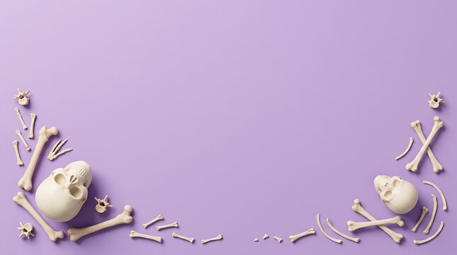 A festive halloween background featuring a decorative border of human skulls and scattered bones arranged neatly on a solid light purple surface top view