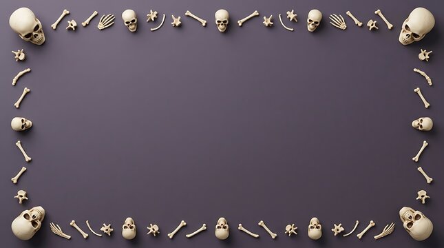 A spooky halloween border frame made of small human skulls and bones arranged on a dark purple background with copy space for text