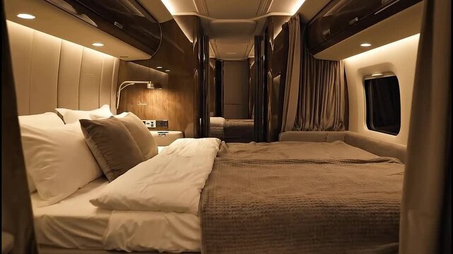 Modern and luxurious interior of a high end recreational vehicle bedroom at night.
