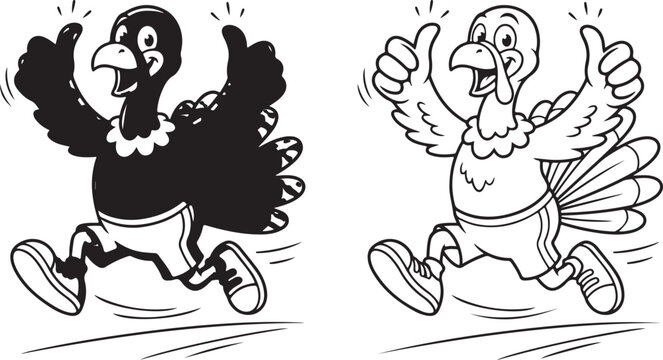 Happy cartoon turkey running and giving a thumbs up sign illustration