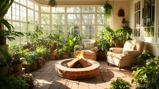 Cozy indoor garden sunroom with brick fire pit and lush tropical plants in bright natural light