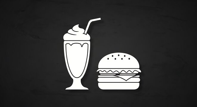 White milkshake and burger flat icons on dark background