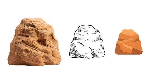 Desert rock boulder set, brown sandstone cliff elements, 3 different rock styles on white background for game design