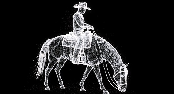 White particle outline of cowboy riding horse on black background