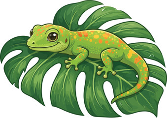 Obraz premium A cute cartoon gecko resting on a large green tropical leaf.