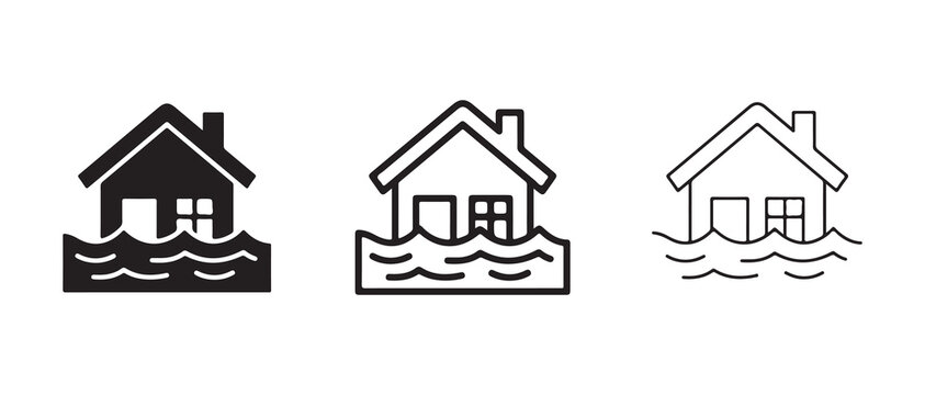 house icons submerged in water illustrating flooding and natural disaster effects