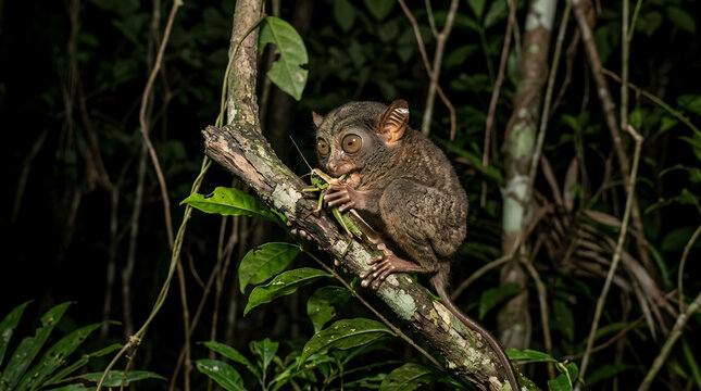 A small nocturnal tarsier clinging tightly to a mossy tree branch amidst lush tropical green foliage in a dark rainforest jungle habitat during the night.