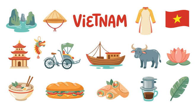 Vietnam Culture Landmark Food and Symbols Vector Clipart Set
