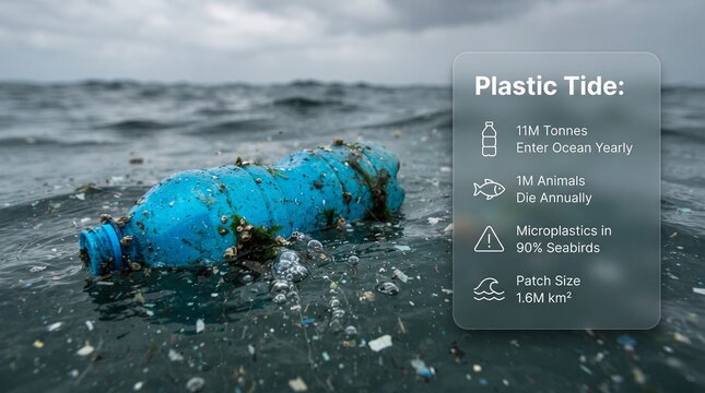 Plastic tide pollution with blue bottle floating in wavy ocean water plastic waste marine litter polluted sea environmental crisis garbage in water ecological problem plastic debris