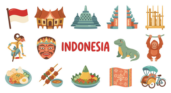 Indonesia Culture Landmark Food and Symbols Vector Clipart Set
