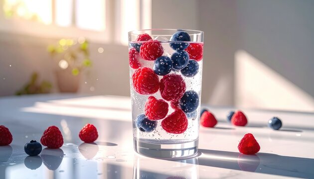 A refreshing glass of sparkling water filled with ripe raspberries and blueberries, with loose berries scattered on a sunlit surface.