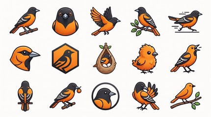 Obraz premium Orange and black orioles in various poses in a clean modern illustrative style isolated on white background
