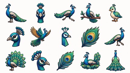 Fototapeta premium Peacock collection in assorted poses and close- with feathers isolated on white background