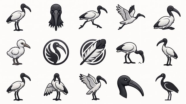 White ibis birds in various poses during daytime isolated on white background