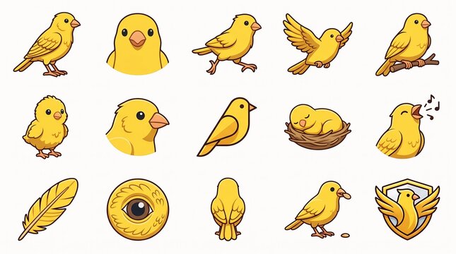 Adorable yellow canary birds in various poses and actions during a bright studio session isolated on white background
