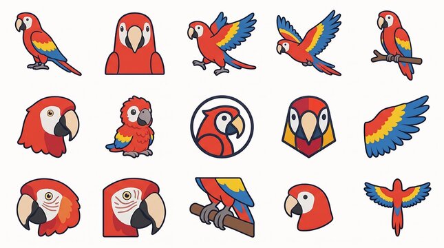 Collection of colorful macaw parrot icons in various poses and views isolated on white background