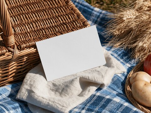 Blank white card on picnic blanket with basket