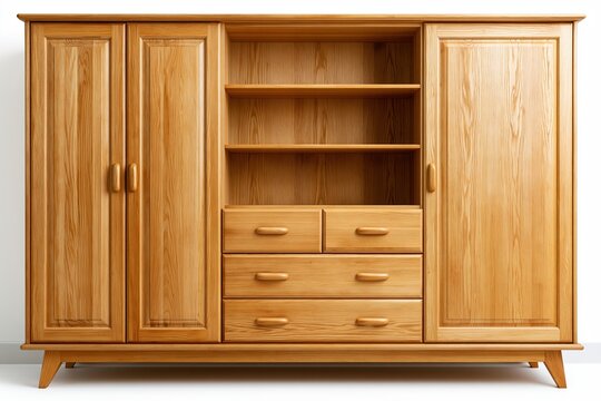 Light wooden cabinet with shelves and drawers