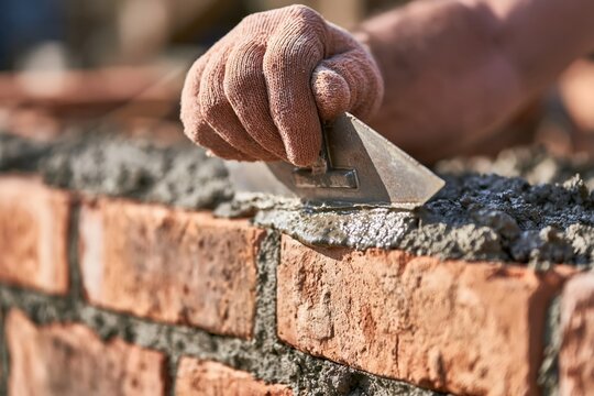 Worker applying mortar with trowel to brick wall