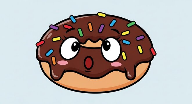 Cartoon chocolate donut with sprinkles and surprised face on blue background