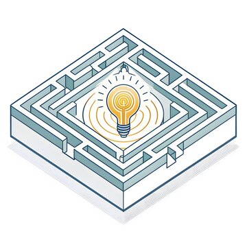 Glowing light bulb at the center of a square maze representing problem solving and creative ideas with creative idea
